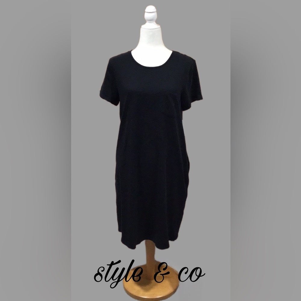 NWT style &‎ co T-Shirt Dress, 100% Cotton, Side Pockets, Black, Size Large
